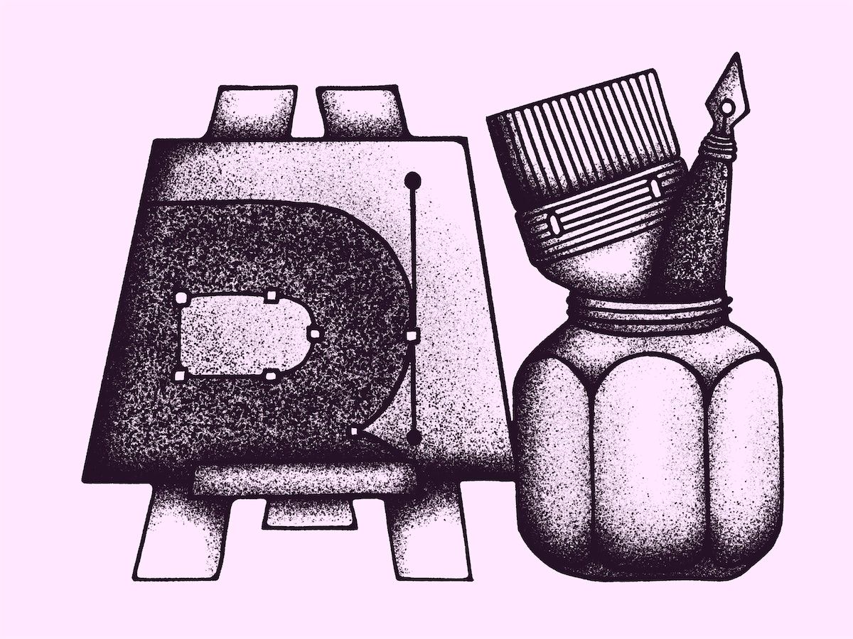 Illustration of an easel with a logo drawning next to a jar with a pen and brush