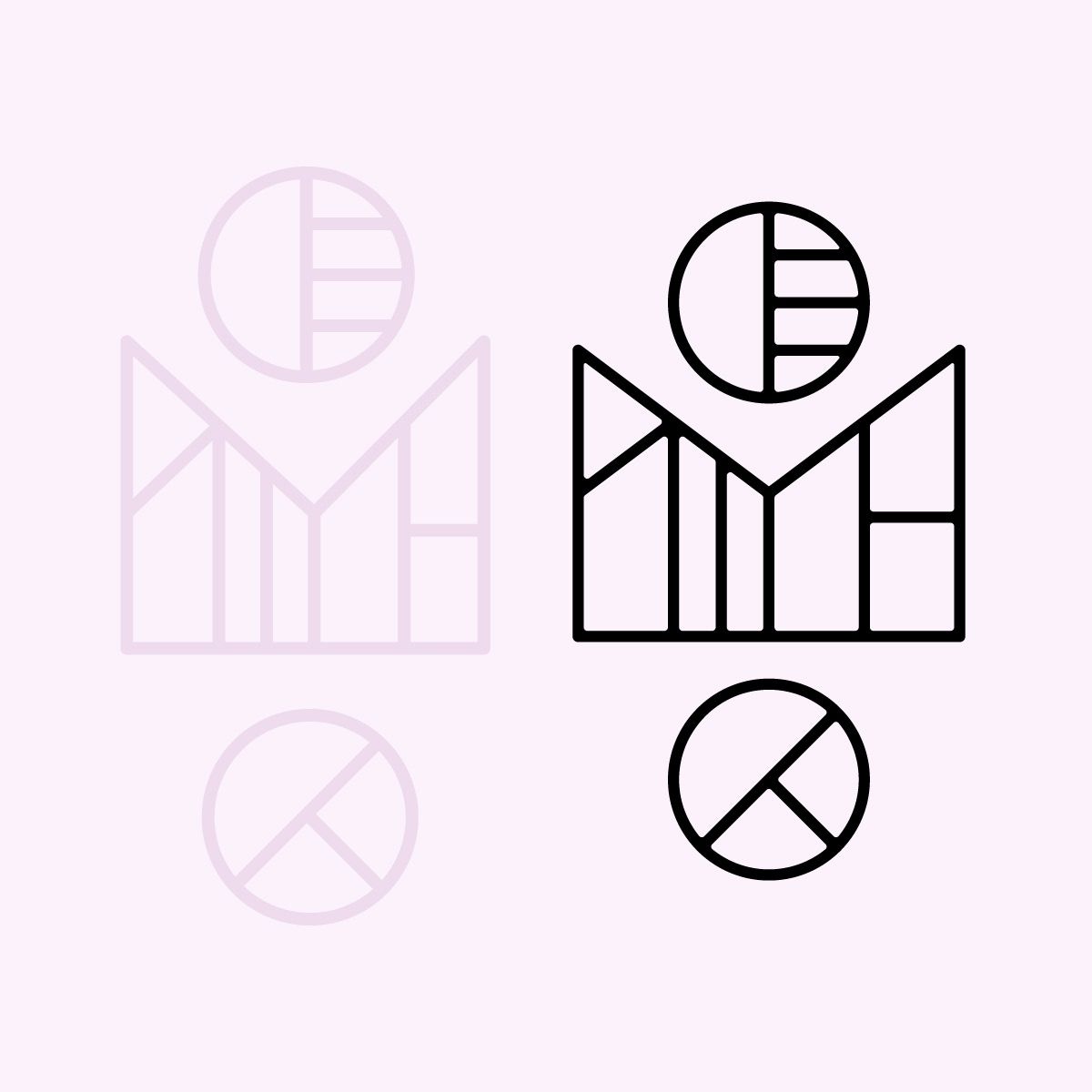 Side-by-side comparison with the original traced logo in faint pink on the left and the refined final version in solid black on the right