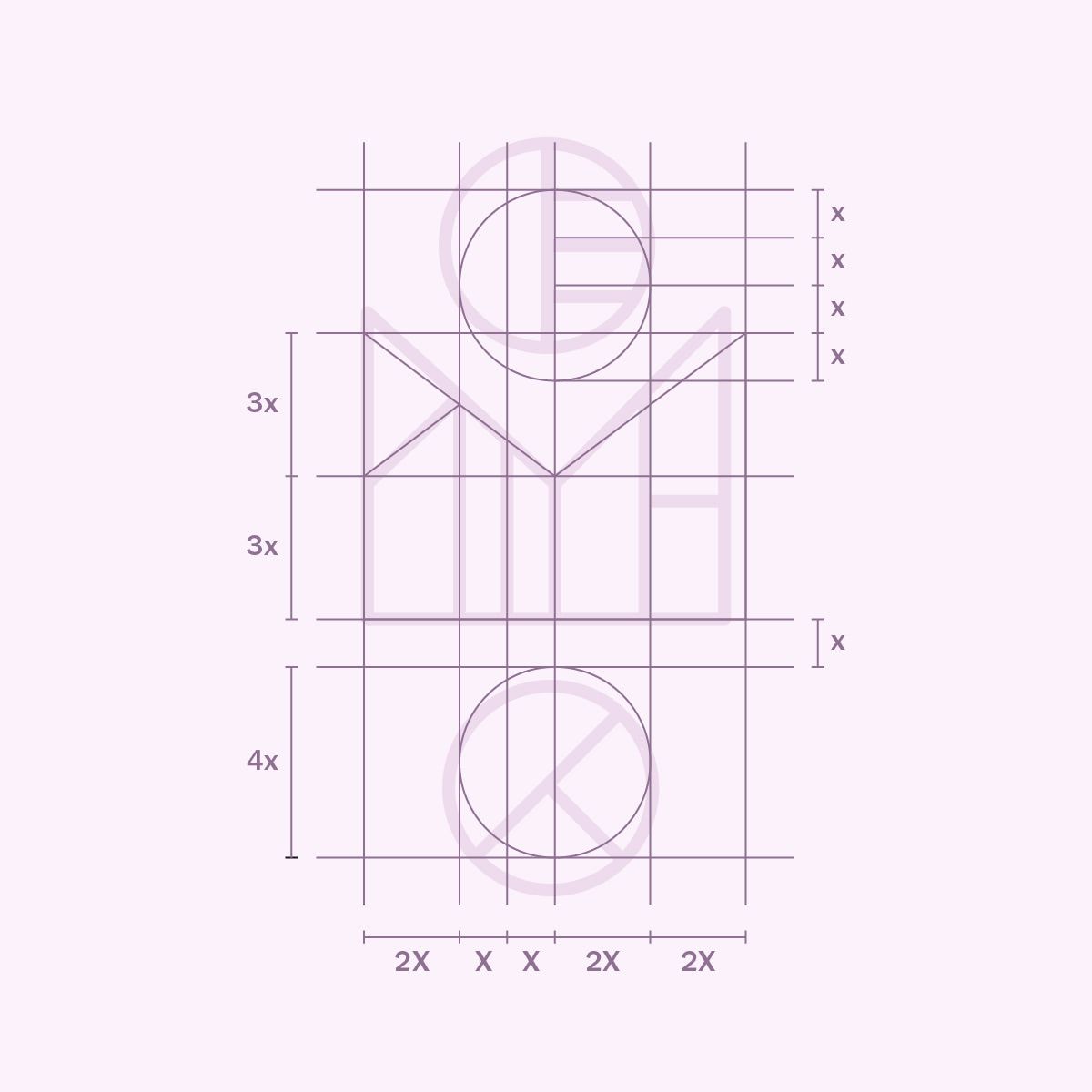 Logo overlaid with a proportional grid labeled with measurements of 3x, 3x, and 4x vertically and 2X, X, X, 2X, 2X horizontally, highlighting areas to refine