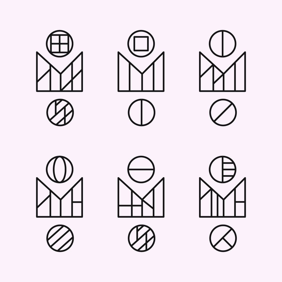Six logo variations arranged in a two-by-three grid, each pairing the same angular crown-like base with a different circle symbol on top