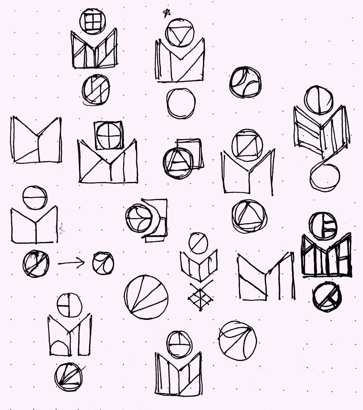 Hand-drawn pencil sketches on dotted paper showing many logo concept explorations with circular and geometric symbol variations