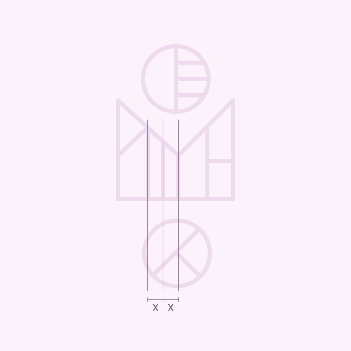 Faded logo with three vertical construction lines overlaid and a measurement bracket at the bottom labeling the spacing between them as the base unit x