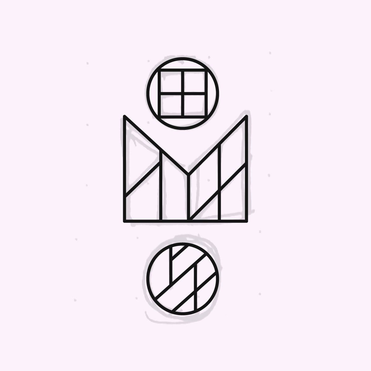 Clean vector tracing of a logo mark with a gridded circle on top, an angular open-book body in the middle, and a circle with diagonal lines below