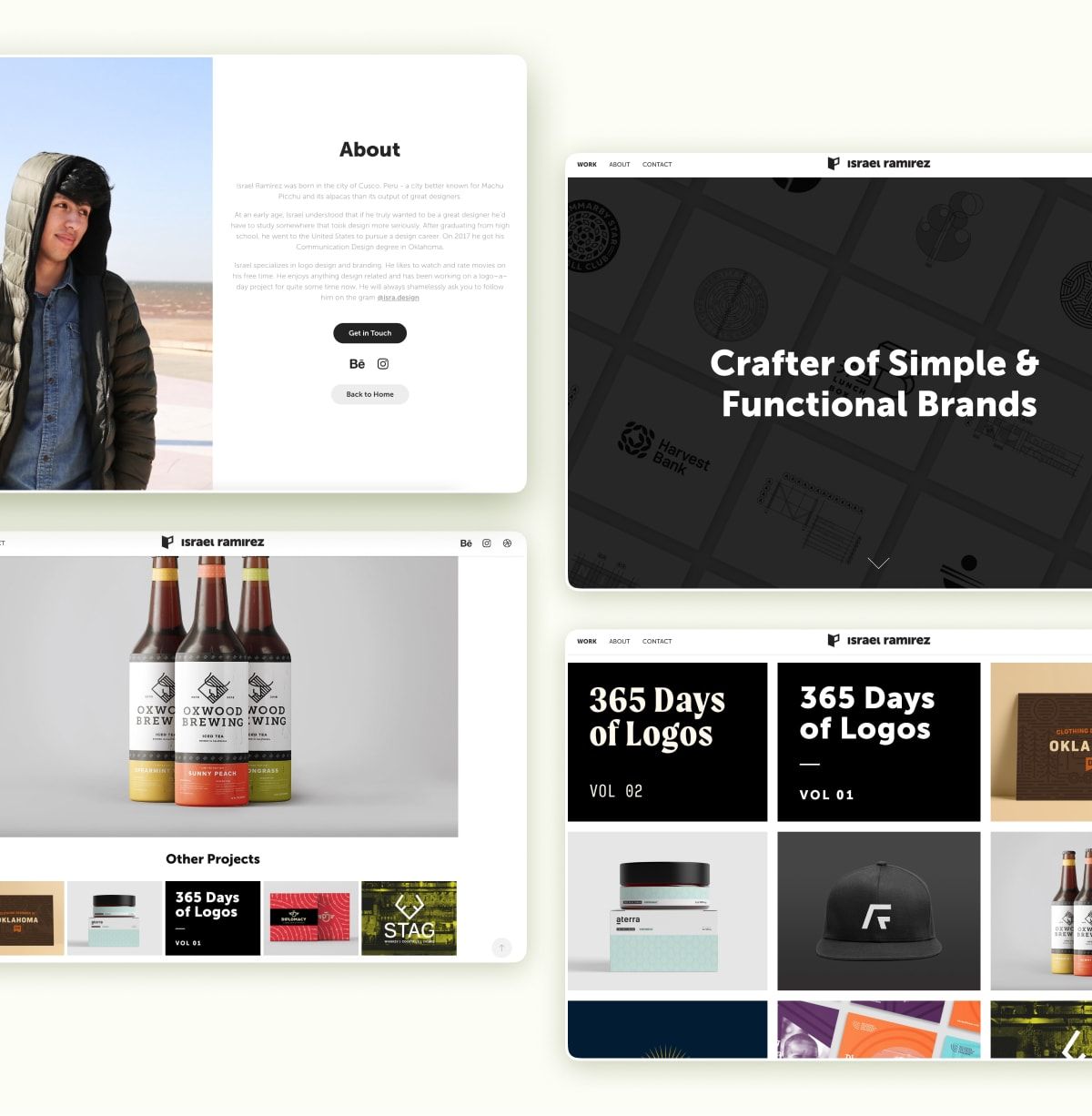 Three overlapping screenshots of a previous portfolio website showing an about page, a packaging project page, and a work grid page